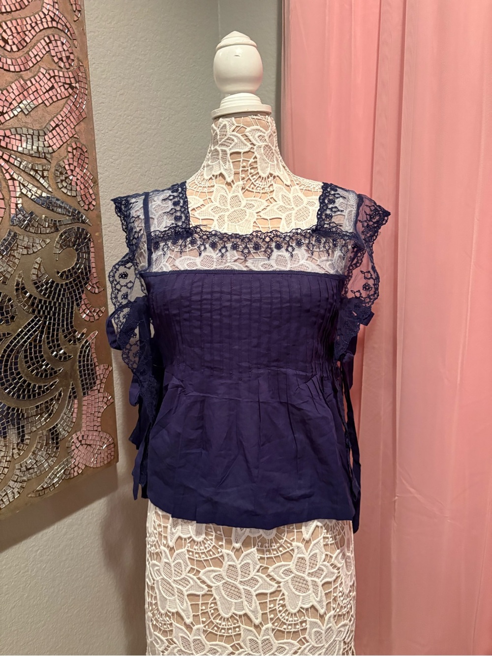 Lace-Trim Square Neck Women's Top - Navy